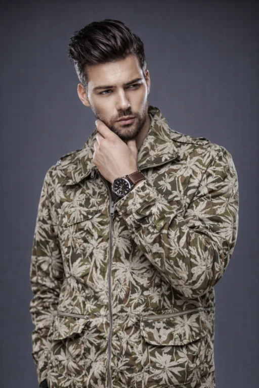 Model Wearing Hawaiian Leaf Camouflage Jacket — Shop Jeffery Green's Camo Jacket UK