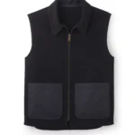 Jeffery Green Ashworth Herringbone Gilet in black with contrast nylon patch pockets, shirt collar and antique brass zip – flat lay product shot