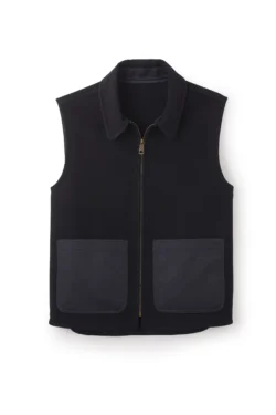 Jeffery Green Ashworth Herringbone Gilet in black with contrast nylon patch pockets, shirt collar and antique brass zip – flat lay product shot