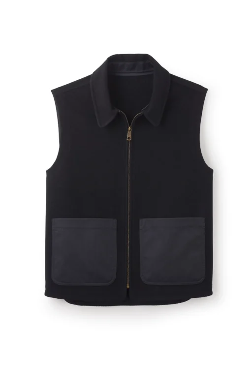 Jeffery Green Ashworth Herringbone Gilet in black with contrast nylon patch pockets, shirt collar and antique brass zip – flat lay product shot