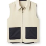 Jeffery Green Ashworth Herringbone Gilet in ecru cream with contrast navy nylon patch pockets, shirt collar and antique brass zip – flat lay product shot