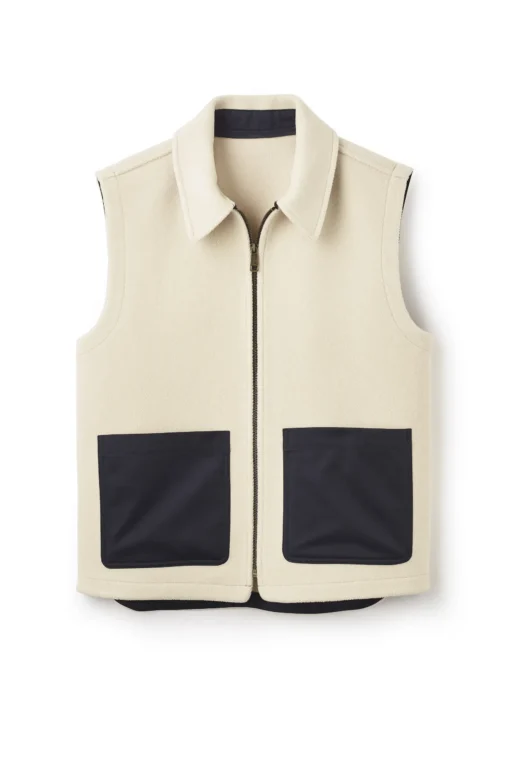 Jeffery Green Ashworth Herringbone Gilet in ecru cream with contrast navy nylon patch pockets, shirt collar and antique brass zip – flat lay product shot