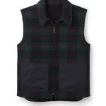Jeffery Green Ashworth Tartan Gilet in Black Watch tartan – dark green and black with red overcheck, contrast black nylon pockets and brass zip – flat lay