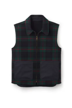 Jeffery Green Ashworth Tartan Gilet in Black Watch tartan – dark green and black with red overcheck, contrast black nylon pockets and brass zip – flat lay
