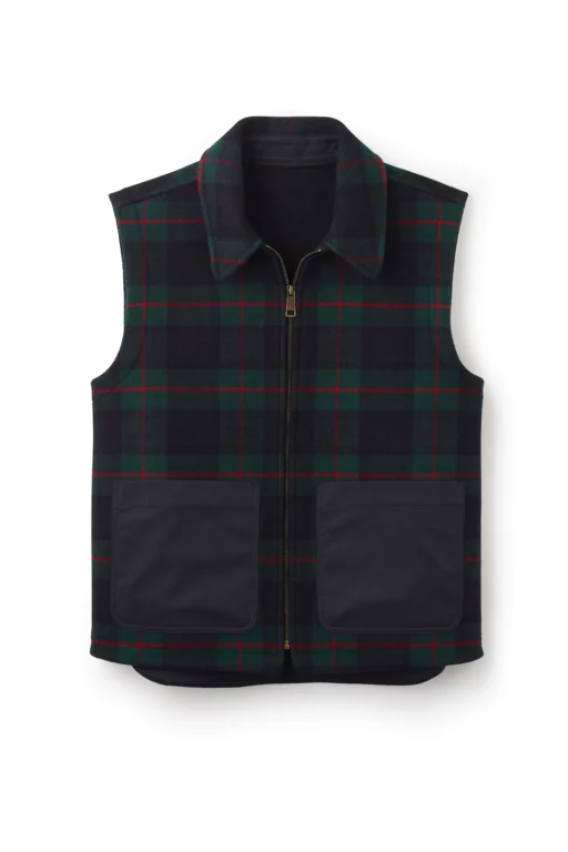Jeffery Green Ashworth Tartan Gilet in Black Watch tartan – dark green and black with red overcheck, contrast black nylon pockets and brass zip – flat lay