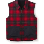 Jeffery Green Ashworth Tartan Gilet in red and black Etric tartan with contrast black nylon pockets and antique brass zip – flat lay product shot