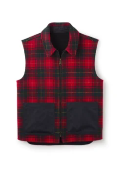 Jeffery Green Ashworth Tartan Gilet in red and black Etric tartan with contrast black nylon pockets and antique brass zip – flat lay product shot
