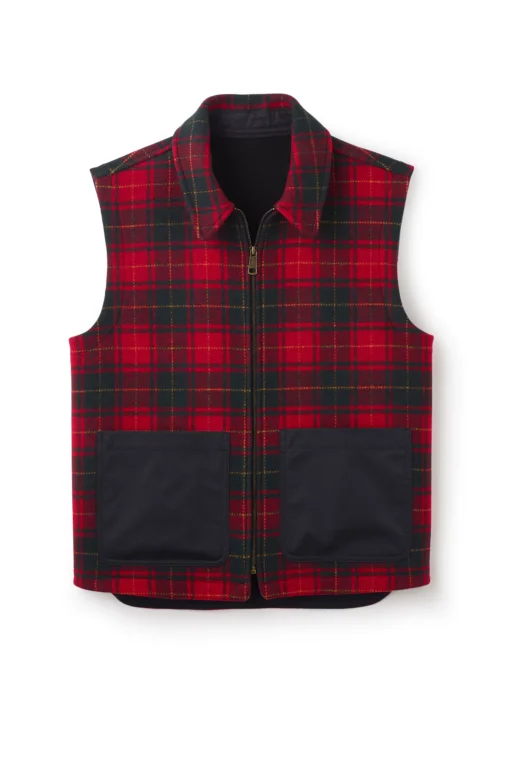 Jeffery Green Ashworth Tartan Gilet in red and black Etric tartan with contrast black nylon pockets and antique brass zip – flat lay product shot