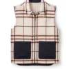 Jeffery Green Ashworth Wool Gilet in Oxley Check – cream and brown tartan sleeveless vest with navy contrast pockets and brass zip – flat lay