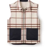 Jeffery Green Ashworth Wool Gilet in Oxley Check – cream and brown tartan sleeveless vest with navy contrast pockets and brass zip – flat lay