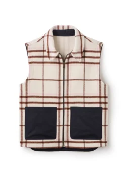 Jeffery Green Ashworth Wool Gilet in Oxley Check – cream and brown tartan sleeveless vest with navy contrast pockets and brass zip – flat lay