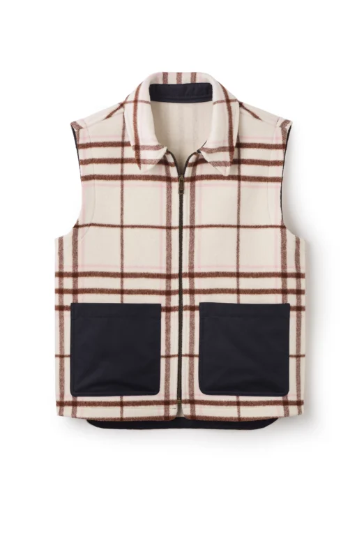 Jeffery Green Ashworth Wool Gilet in Oxley Check – cream and brown tartan sleeveless vest with navy contrast pockets and brass zip – flat lay