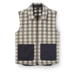Ashworth wool gilet vest in beige and black check pattern with contrast navy utility pockets, sleeveless zip-up outerwear for layered autumn winter styling