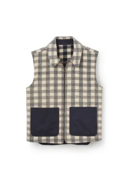 Ashworth wool gilet vest in beige and black check pattern with contrast navy utility pockets, sleeveless zip-up outerwear for layered autumn winter styling
