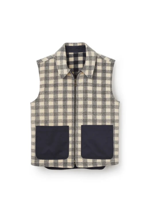 Ashworth wool gilet vest in beige and black check pattern with contrast navy utility pockets, sleeveless zip-up outerwear for layered autumn winter styling