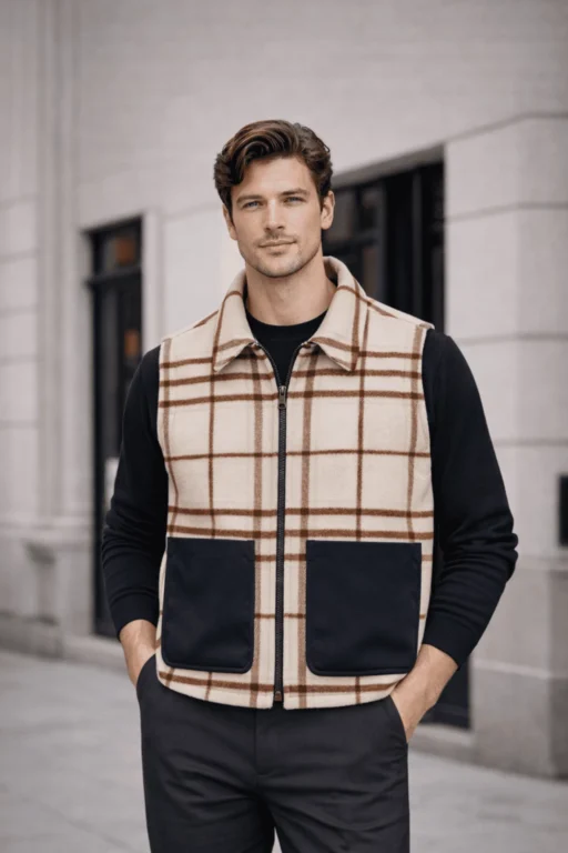 Man wearing Ashworth Wool Gilet in Oxley Check cream and brown tartan with navy contrast pockets over black long-sleeve top and dark trousers