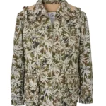 Jeffery Green men's olive palm tree print camouflage jacket with zip front and utility pockets – flat lay