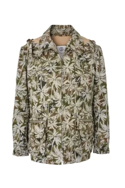 Jeffery Green men's olive palm tree print camouflage jacket with zip front and utility pockets – flat lay