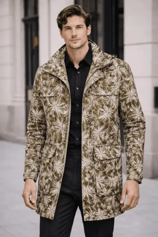 Man wearing olive and cream botanical print camouflage jacket over black shirt and trousers in urban setting