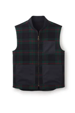Black Watch tartan gilet vest with zip front and utility pockets for men