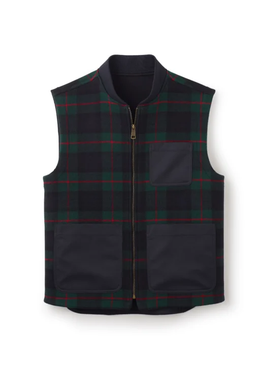 Black Watch tartan gilet vest with zip front and utility pockets for men
