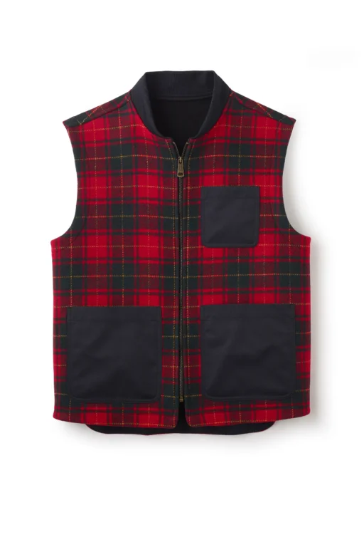Jeffery Green Charlesworth Tartan Gilet in Red & Green Ettric Tartan — Men's Wool Zip Gilet UK
