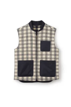 Cream Grey Buffalo Check Wool Gilet Navy Pockets Full Zip — Jeffery Green Charlesworth UK