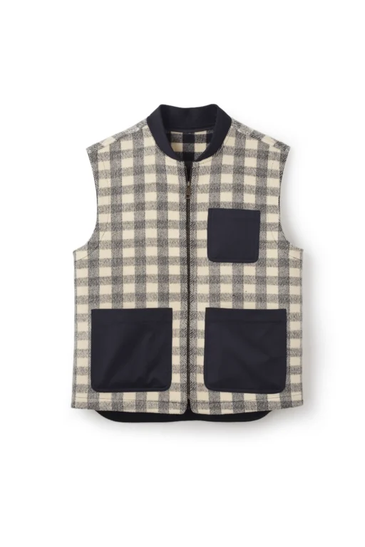Cream Grey Buffalo Check Wool Gilet Navy Pockets Full Zip — Jeffery Green Charlesworth UK