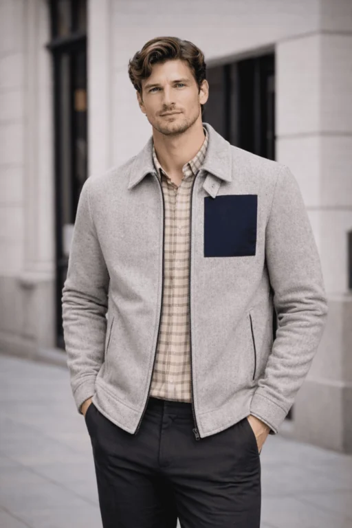Jeffery Green Edison Zip Shacket Open Over Check Shirt — Men's Smart Casual Layered Urban Look UK