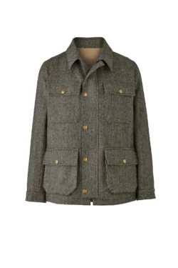 Jeffery Green Grey Wool Herringbone Field Jacket — Men's Olive Tweed Chore Jacket Gold Buttons UK