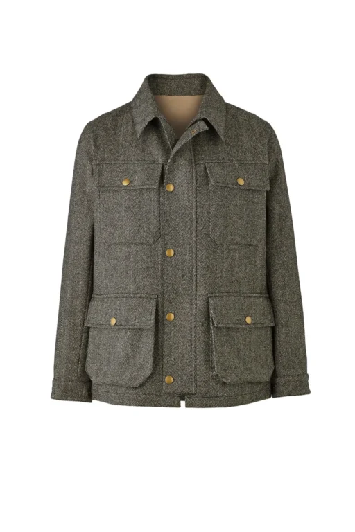 Jeffery Green Grey Wool Herringbone Field Jacket — Men's Olive Tweed Chore Jacket Gold Buttons UK