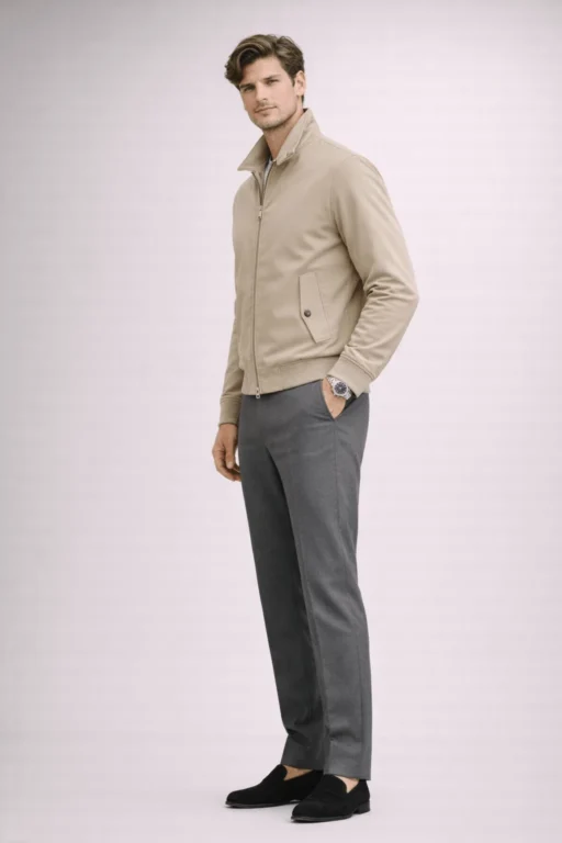 Jeffery Green Harrington Jacket Side Profile in Stone Beige — Men's Classic British Jacket Full Look UK