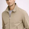 Jeffery Green Harrington Jacket Close-Up in Stone Beige — Silver Zip & Funnel Collar Detail UK