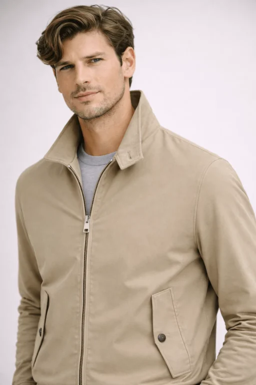 Jeffery Green Harrington Jacket Close-Up in Stone Beige — Silver Zip & Funnel Collar Detail UK