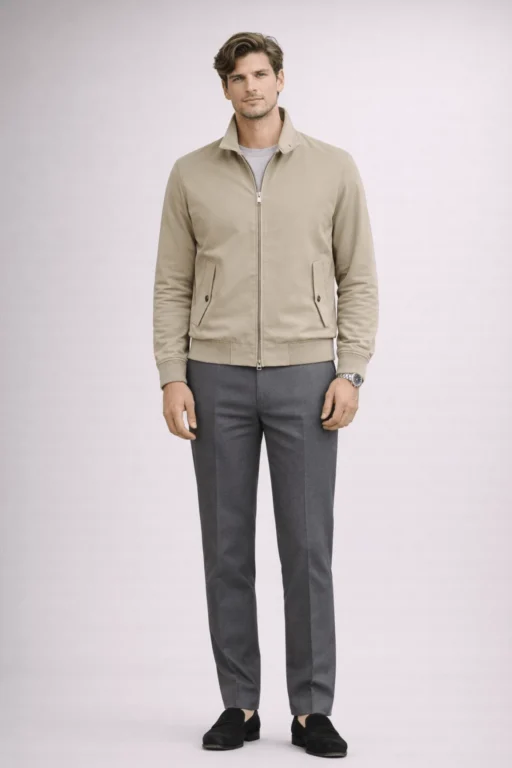 Jeffery Green Harrington Jacket in Stone Beige — Men's Classic British Zip-Up Jacket Full Length UK