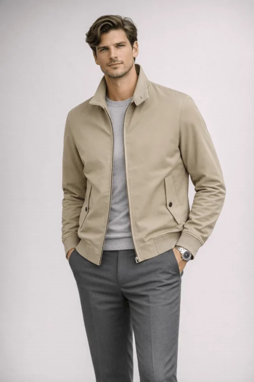 Jeffery Green Harrington Jacket in Stone Beige — Men's Classic Zip-Up Harrington Jacket UK