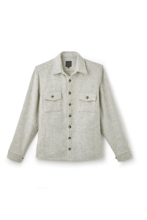 Grey Wool Overshirt Product Shot Brass Buttons — Shop Jeffery Green Milburn Overshirt UK