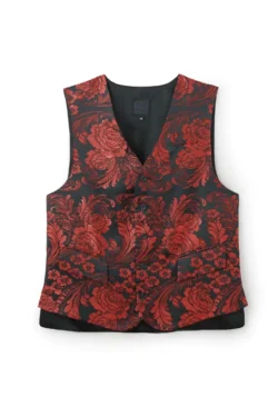 Jeffery Green Royal Jacquard Waistcoat in Black & Red Baroque Floral Damask — Men's Luxury Statement Waistcoat UK