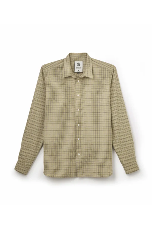 Jeffery Green Tan Sable Check Shirt in Khaki & Navy Windowpane — Men's Smart Casual Shirt UK