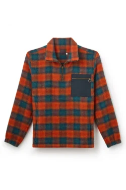 Jeffery Green Wexford Quarter Zip Shacket in Burnt Orange & Teal Buffalo Check — Men's Wool Pullover UK