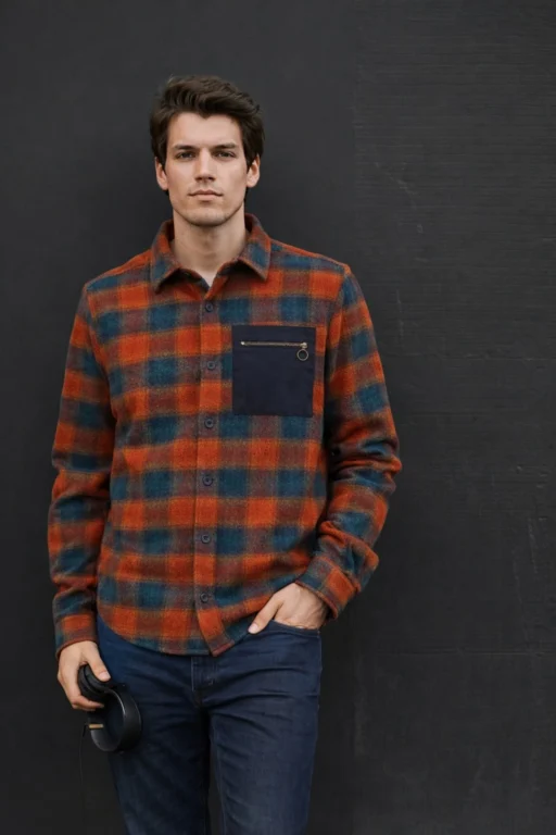 Model Wearing Orange Teal Blue Wool Overshirt — Shop Jeffery Green's Premium Overshirt UK