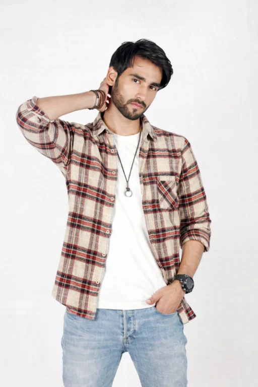 Model Wearing Beige Check Shirt — Shop Jeffery Green's Premium Checked Shirt UK