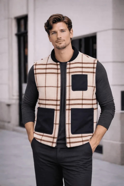 Jeffery Green Cream & Brown Windowpane Check Wool Gilet — Men's Smart Casual Urban Lifestyle Look UK