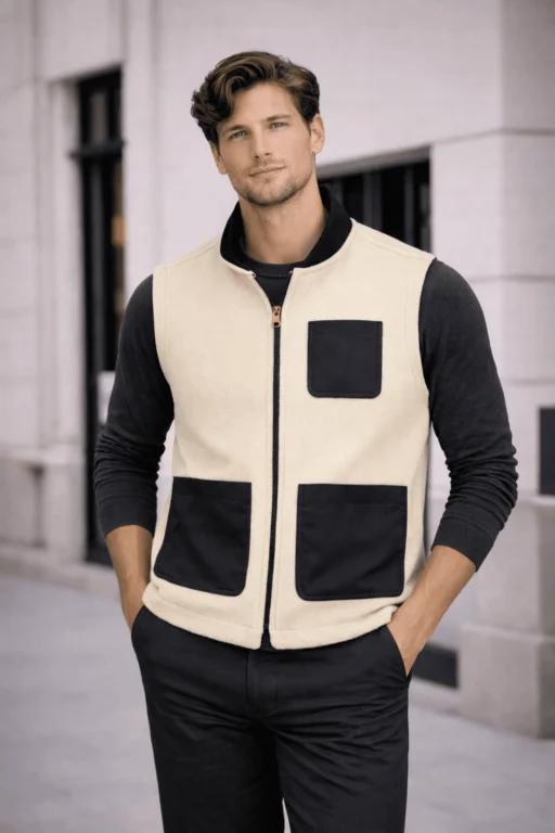 Jeffery Green Cream Wool Gilet with Navy Contrast Pockets — Men's Smart Casual Full Length Urban Look UK