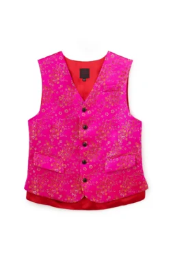 Jeffery Green Pink Satin Jacquard Waistcoat in Hot Pink Oriental Blossom Print — Men's Luxury Occasion Waistcoat UK