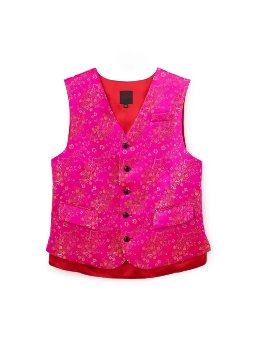 Jeffery Green Pink Satin Jacquard Waistcoat in Hot Pink Oriental Blossom Print — Men's Luxury Occasion Waistcoat UK