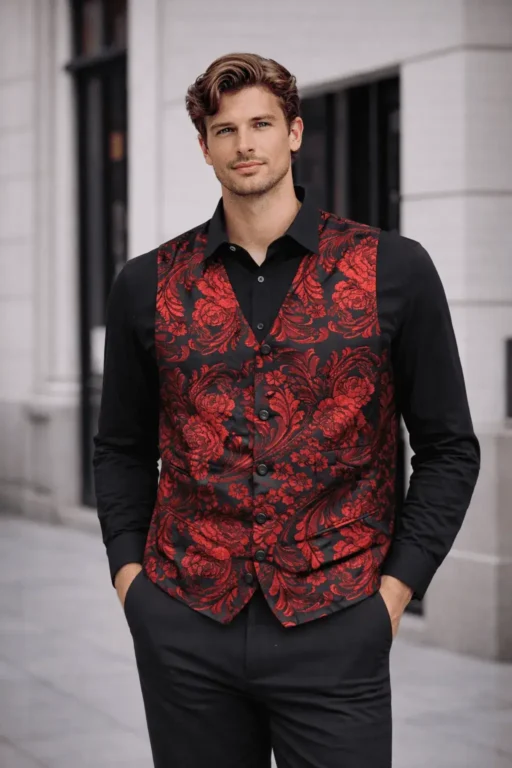 Jeffery Green Black & Red Baroque Jacquard Waistcoat Styled with Black Shirt — Men's Occasion Outfit UK