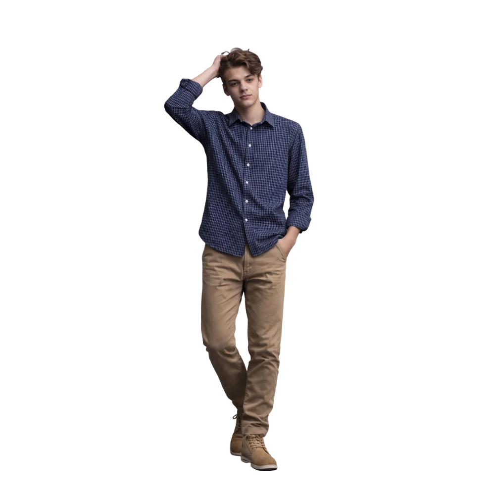 Jeffery Green Navy Sable Check Shirt Styled with Tan Chinos & Suede Boots — Men's Smart Casual Outfit UK