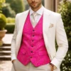 Jeffery Green Pink Jacquard Waistcoat Styled with Cream Suit — Men's Wedding & Occasion Outfit UK