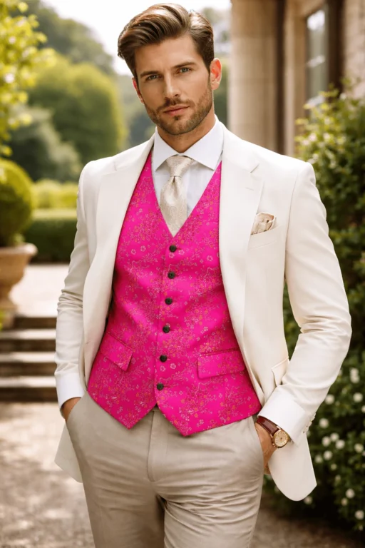 Jeffery Green Pink Jacquard Waistcoat Styled with Cream Suit — Men's Wedding & Occasion Outfit UK